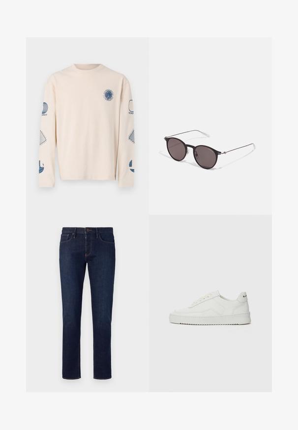 Beżowa koszulka z długim rękawem, wykonana z bawełny. Posiada niebieskie grafiki na klatce piersiowej i rękawach, z różnymi geometrycznymi wzorami.; Emporio Armani - Jeansy Slim Fit; Białe skórzane sneakersy o gładkim wykończeniu, okrągłym nosku, płaskich sznurówkach i teksturowanej podeszwie. Charakteryzują się delikatnym logo na pięcie.; Czarne okrągłe okulary przeciwsłoneczne z ciemnymi soczewkami i smukłymi metalowymi ramkami. Zawierają przezroczyste końcówki zauszników oraz srebrne akcenty przy zawiasie. Minimalistyczny design.
