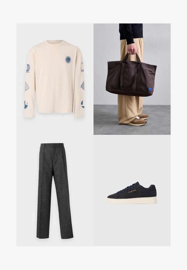 Hosszú ujjú, bézs színű pamut póló. Kék grafikákkal díszített a mellkason és az ujjakon, különböző geometrikus mintákkal.; Szürke, texturált anyagból készült, szabott nadrág, két elülső pliszével és egyenes lábbal. Nincsenek látható zsebek vagy díszítések.; Sötétkék velúr, alacsony szárú teniszcipő fehér talppal, sötétkék fűzőkkel és arany színű "Filling Pieces" logóval az oldalán.; Barna nylon válltáska dupla fogantyúval, cipzáros záródással és kék logós címerrel. Simább textúrájú, strukturált kialakítás, tágas belső tér.