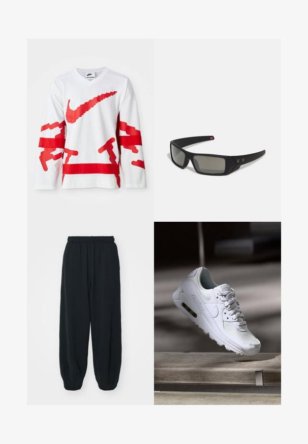 Camisola de manga longa branca com elementos gráficos vermelhos, incluindo um grande logotipo da Nike, apresentando uma textura em malha e listras horizontais vermelhas contrastantes.; Calças de fato de treino pretas, com cintura elástica e um corte solto, com punhos nas pernas, textura suave e sem padrões visíveis ou detalhes de metal.; Sapatilha Nike Air Max 90 branca com parte superior em malha e couro, caixa de dedos perfurada e uma unidade de ar visível no calcanhar.; Óculos de sol pretos com acabamento mate, lentes retangulares, leve curvatura nas hastes, detalhe sutil do logo e lentes de cor fumada.