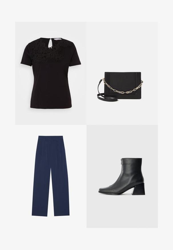 Black short-sleeved t-shirt with floral lace detailing on the neckline and a keyhole opening at the back. Soft cotton material.; Navy blue wide-leg pants made of soft fabric, featuring front pleats, a smooth texture, and a straight fit with no visible pockets.; Black leather ankle boot with square toe, side zipper, and block heel against plain light background.; Black leather crossbody bag featuring a smooth texture, rectangular shape, and a metallic chain detail on the front. Adjustable strap included.
