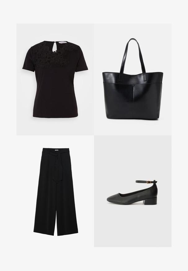 Black short-sleeved t-shirt with floral lace detailing on the neckline and a keyhole opening at the back. Soft cotton material.; Black wide-leg pants featuring a textured fabric, an elastic waistband, and a detachable sash tie at the waist for adjustable fit.; Black leather pump with a pointed toe and a low block heel. Features an ankle strap with a gold-tone buckle. Smooth texture.; Black leather tote bag with two long handles, a smooth texture, and a structured shape. Features a front pocket for additional storage.