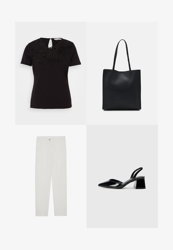 Black short-sleeved t-shirt with floral lace detailing on the neckline and a keyhole opening at the back. Soft cotton material.; White, tailored trousers with a straight leg design, featuring a button closure, belt loops, and side pockets; smooth fabric texture.; Black patent leather slingback heels with a pointed toe and a geometric block heel. Features a sleek, minimal design and smooth texture.; Black leather tote bag with smooth texture, rectangular shape, and two long handles. No visible hardware or embellishments.