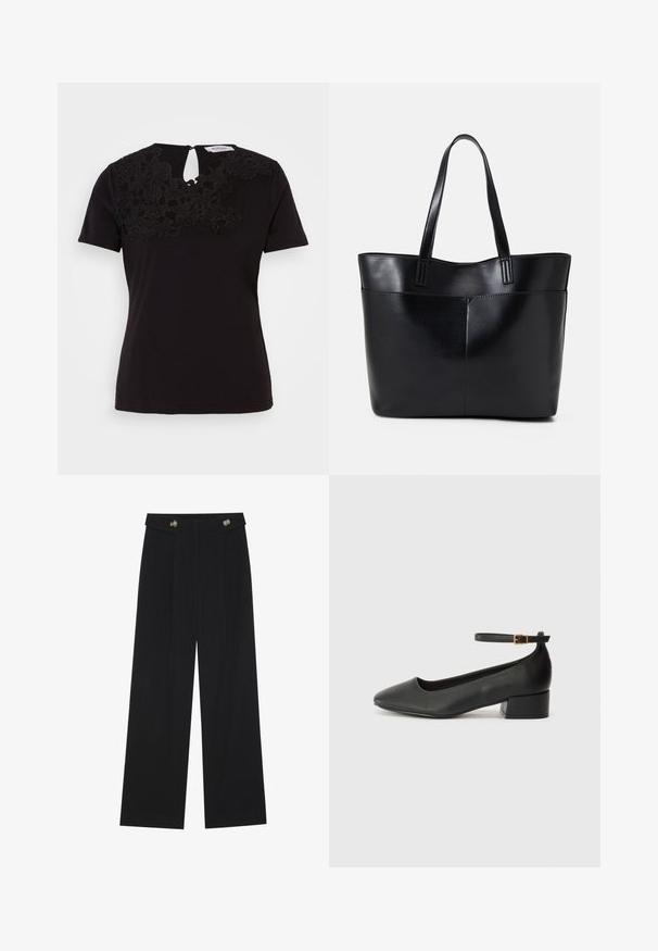 T-shirt nero a maniche corte con dettagli in pizzo floreale sul colletto e apertura a occhiello sul retro. Materiale in cotone morbido.; Pantaloni neri a gamba larga con vita alta, dettagli con bottoni in vita e pieghe frontali.; Pump in pelle nera con punta affusolata e tacco basso a blocco. Presenta una cinghia alla caviglia con una fibbia in tonalità oro. Texture liscia.; Borsa a tracolla in pelle nera con due manici lunghi, una texture liscia e una forma strutturata. Presenta una tasca frontale per ulteriore spazio di archiviazione.