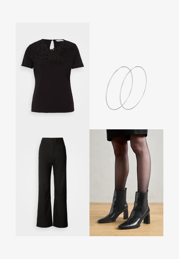 Zwarte t-shirt met korte mouwen, voorzien van bloemenkante details bij de halslijn en een sleutelgatopening op de rug. Van zacht katoen.; Zwarte wijde broek met een gladde textuur, hoge taille en een strakke uitstraling. Geen zichtbare zakken of versieringen.; Zwarte leren enkellaarsjes met een spitse neus, stevige vierkante hak en een fraaie uitstraling. Beschikt over elastische zijpanelen voor gemakkelijke aan- en uittrekken.; Zilveren hoepel oorbellen met een minimalistisch ontwerp. Cirkelvormig, gladde textuur en dun profiel. Lichtgewicht met een gepolijste afwerking.