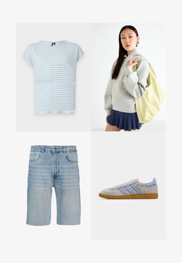 Šviesiai mėlynas dryžuotas marškinėliai, pagaminti iš minkštos medvilnės. Turi trumpas rankoves ir apvalią apykaklę. Horizontaliems dryžiams būdingi skirtingi plotiai.; Šviesiai mėlyni džinsiniai šortai su klasikinio penkių kišenių dizainu, mygtuko uždarymu, tiesiu palaidumu ir subtiliu medžiagos blukimu.; Pilkas suedes sportinius batelius su šviesiai mėlynomis juostelėmis, guminėmis padais ir logotipo akcentais. Žemas ilgis, apvalus priekinis kraštas ir raištelių uždarymas.; Pilkos spalvos per didelis džemperis su kengūros kišene, derinamas su tamsiai mėlynu plačiu sijonu. Acessuaras: didelė šviesiai geltona kuprinė, lygaus paviršiaus.