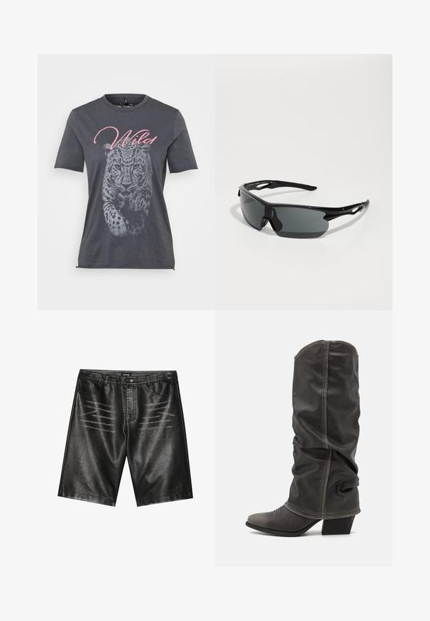 Šedé bavlněné tričko s grafickým potiskem leopardího motivu v černé a bílé, s nápisem "Wild" v růžovém kurzívě nad designem. Krátké rukávy.; Černé šortky z umělé kůže s hladkým povrchem, pěti kapsami a decentním pruhovaným detailem na přední straně. Klasický rovný střih.; Šedé kožené vysoké boty po lýtka s volným designem, špičatou špičkou a vyvýšeným podpatkem. Výrazné prošívání v oblasti špičky.; Černé sportovní sluneční brýle s zakřivenými skly, lehkým plastovým rámem a texturovanými stranicemi. Elegantní design s integrovaným nosním mostem.; Černá tkaná kožená kabelka s uvolněným designem, s uzlovým popruhem a malou dekorativní zlatou hřebíčkovou ozdobou na vrchu.