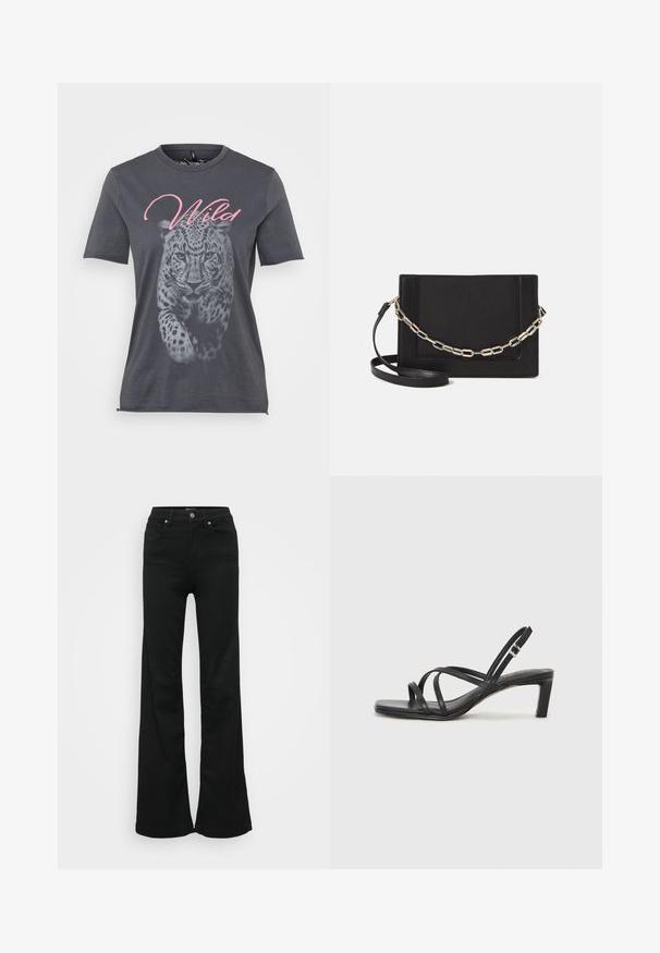 Tricou din bumbac gri, cu un grafic de leopard în alb și negru, având cuvântul "Wild" scris cu litere cursive roz deasupra designului. Mâneci scurte.; Jeans negri evazați din denim, cu talie înaltă, cinci buzunare și închidere cu nasture metalic. Textură netedă, cu detalii minime.; Sandal cu barete negre, cu vârf pătrat și toc mic de bloc. Prezintă mai multe barete subțiri și o bareta ajustabilă la gleznă. Fabricat din piele netedă.; Geantă de umăr din piele neagră, cu o textură netedă, formă rectangulară și un detaliu din lanț metalic în față. Include curea reglabilă.