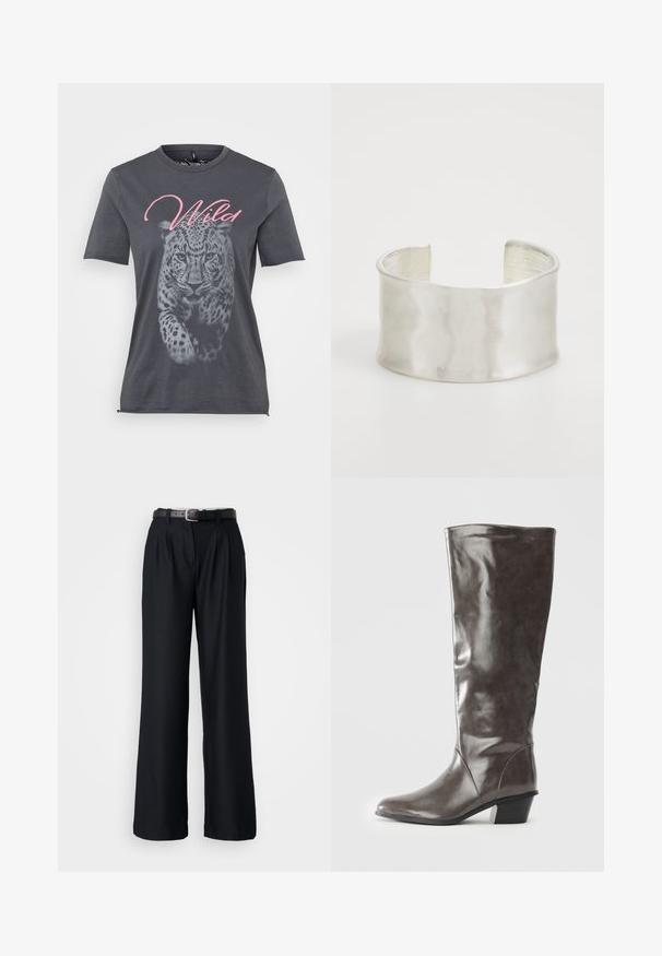 Grå bomullströja med en leopardgrafik i svart och vitt, med ordet "Wild" i rosa kursiv ovanför designen. Kortsleeve.; Svarta vida byxor gjorda av ett slätt tyg, med framvikt och ett matchande svart bälte med en silverspänne.; Höga damstövlar i mörkgrått läder med medelhög klack och rund tå, visade från sidan mot en vit bakgrund.; Zign Armband - silver-coloured