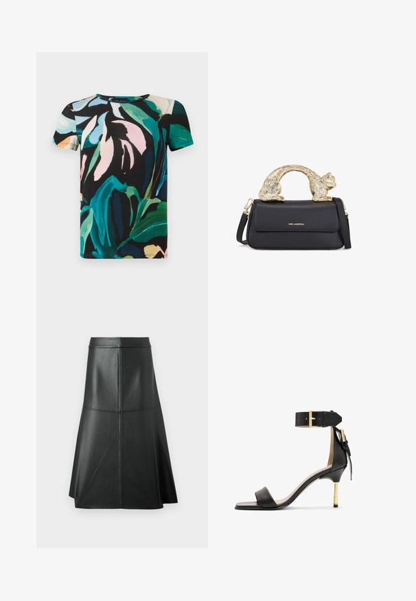 Kortärmad T-shirt av bomull med en mörk bakgrund och färgglada, djärva bladmönster i gröna, rosa och blå nyanser.; Svart läder A-linje kjol, slät textur, knälång, har horisontell sömnadsdetalj i midjan och sömmarna för extra struktur.; Svarta läderklackar med fyrkantig tå, ankelrem med en guldfärgad spänne och en smal metallklack. Slät yta, minimalistisk design.; Svart läderhandväska med ett guldkattsformat handtag, med en främre klaff, justerbar rem och logodetalj på den nedre framsidan.