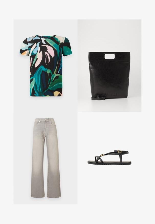 Short-sleeve T-shirt made of cotton featuring a dark background with colorful, bold leaf patterns in green, pink, and blue tones.; Gray wide-leg jeans with a faded finish, button closure, five-pocket design, and stitched detailing along the seams.; Black leather sandals with thin straps and a buckled ankle strap. Flat sole with a textured finish and zigzag edge. Minimalist design.; Black leather tote bag with a square handle, featuring a textured finish and embossed logo. Includes a detachable strap.
