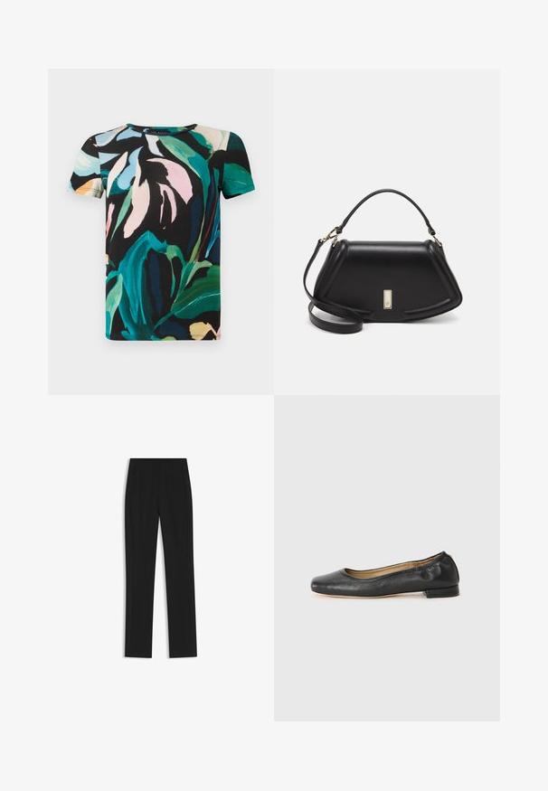 Camiseta de manga corta hecha de algodón con un fondo oscuro y patrones de hojas coloridos y llamativos en tonos verdes, rosas y azules.; Pantalones de traje negros con un diseño de pierna recta, que cuentan con bolsillos delanteros y una tela suave y texturizada. Detalles limpios y minimalistas.; Bailarinas de cuero negro con punta redonda y costuras mínimas. Tacón bajo y rectangular, y textura suave. Detalle sutil en el forro interior.; Bolso de mano de cuero negro con un diseño estructurado, que presenta una forma recortada, asa superior y acentos en dorado. Correa de hombro ajustable incluida.