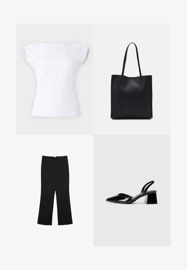 Top bianco a maniche corte con design off-shoulder, realizzato in morbido cotone, caratterizzato da una texture liscia e una silhouette aderente.; Pantaloni neri a gamba dritta, con tasche frontali e spacchi laterali all'orlo. Realizzati in tessuto morbido e liscio. Adatti a diverse occasioni.; Décolleté in vernice nera con punta affusolata e tacco in geometria cubica. Presentano un design elegante e minimalista, con una texture liscia.; Borsa tote in pelle nera con texture liscia, forma rettangolare e due manici lunghi. Nessun hardware o decorazione visibile.