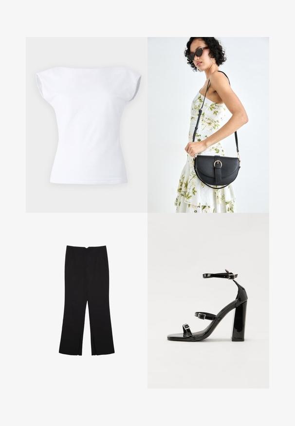 White short-sleeve top with an off-shoulder design, made from soft cotton fabric, featuring a smooth texture and a fitted silhouette.; Black trousers with a straight fit, featuring front pockets and side slits at the hem. Made of soft, smooth fabric. Suitable for various occasions.; Black patent high-heeled sandals with two buckle straps, square toe, and a chunky block heel, featuring a smooth, glossy texture.; Black leather handbag with a curved shape, detachable strap, and gold hardware. The bag features a flap with a buckle detail.