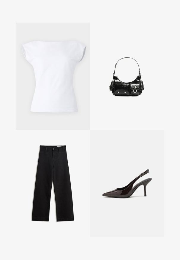 Biely krátky rukáv top s off-shoulder dizajnom, vyrobený z mäkkej bavlnenej tkaniny, s hladkou textúrou a priliehavým strihom.; Čierne denimové nohavice s širokými nohavicami a vysokým pásom, so prednými a zadnými vreckami, šitými švami a zapínaním na gombík. Hladká textúra.; Slingback vysoké opätky v lesklej tmavohnedej lakovej koži, so špicatou špičkou, otvorenými stranami a nastaviteľným remienkom na členku.; Čierna laková kožená kabelka s ohnutým tvarom, jedným ramenným popruhom, prednými vreckami a striebornými kovovými doplnkami.