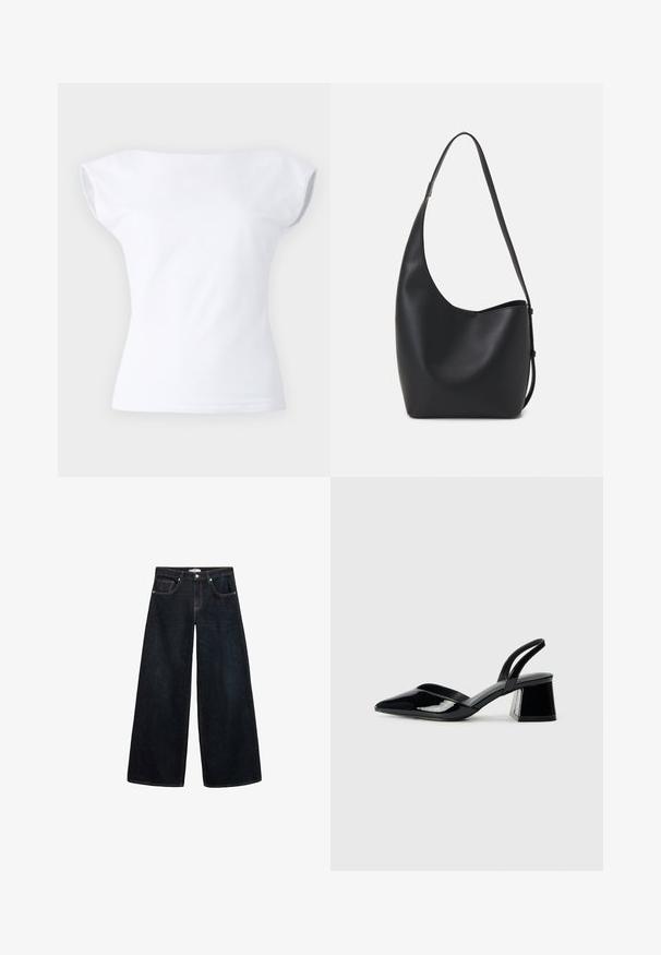Weißes Kurzarmoberteil mit schulterfreiem Design, aus weichem Baumwollstoff gefertigt, mit glatter Textur und körperbetonter Silhouette.; Weite, dunkelblaue Jeans mit hoch sitzendem Bund, kontrastierenden Nähten, Vorderentaschen und einem minimalistischen Design.; Schwarze Lackleder-Slingback-High Heels mit spitzem Schuh und einem geometrischen Blockabsatz. Verfügt über ein schlankes, minimalistisches Design und eine glatte Textur.; Schwarze Leder-Hobo-Tasche mit einer glatten Textur, geschwungener Form und einem einzelnen verstellbaren Tragegurt; verfügt über eine weite Öffnung am oberen Ende.