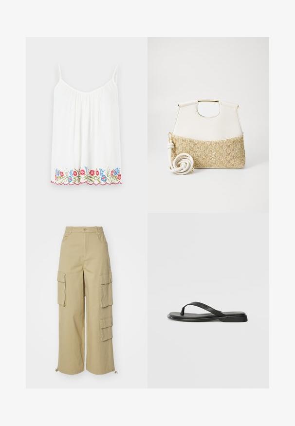Witte mouwloze top met een geplooide halslijn en bloemengenezing aan de onderrand in rood, blauw en groen, met een gegolfde rand.; Beige cargobroek met wijde benen, twee grote zijzakken, voorzakken en een koorddetail bij de zoom. Gemaakt van een katoenmix.; Zwarte teenflip-flop van glad leer, met een dunne band en een platte zool met een minimalistisch profiel. Geen opvallende patronen of accenten.; Witte leren handtas met een doorgetrokken creme geweven stof aan de onderkant. Voorzien van een gouden handvat en een opgerolde witte schouderband voor veelzijdigheid.