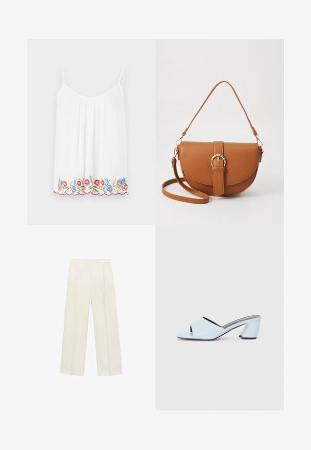 Bela brezrokavna majica z nabranim ovratnikom in cvetličnim vezenjem na robu v rdeči, modri in zeleni barvi, ki ima valovito obrobo.; Hlače širokih nogavic v svetli kremni barvi. Narejene iz gladkega materiala s plitkimi naborki spredaj in stranskimi žepi.; Svetlo modre sandale na peto z odprtim prstom in geometrijskim vzorcem, ki imajo širok trak čez nogo in masiven, kotni višji del.; Rjava usnjena torbica prek telesa s ukrivljeno obliko, zlate opreme in sponko. Ima odstranljiv naramni trak.