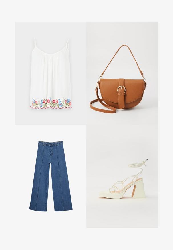 Vit ärmlös topp med en samlad halsringning och blommig broderi vid fållen i röd, blå och grön, med en scallop-edged avslutning.; Vidbenade denimjeans i medelblått, med hög midja, knäppning och kontrasterande vertikala sömdetaljer längst fram.; Vit högklackad sandal med en kraftig klack, med ett remdesign och ankelband. Slät textur med en plattform framtill för ökad höjd.; Brun läder crossbody-väska med en böjd form, gyllene detaljer och en spänneaccent. Har en avtagbar axelrem.