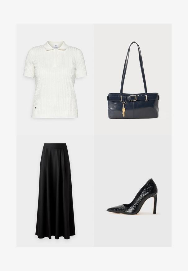 Balta trumpų rankovių polo marškinėliai, pagaminti iš tekstūruoto kabelinio trikotažo. Turi klasikinį apykaklę ir mygtukų užsegimą, su nedideliu logotipo elementu.; Juoda, iki žemės tiesi sijonas su lygiu paviršiumi, plačiu juosmeniu ir pūtimo dizainu, be matomų raštų ar puošmenų.; Juoda smailiakulnė aukšto kulno bateliai su krokodilo odos tekstūra, pasižymintys elegantišku dizainu, aukštu stiletu kulnu ir lygia juoda vidine dalimi.; Jūrinės odos rankinė su dviem ilgais rankenomis, sagties detalė ir pridėtas raktų pakabukas. Turi lygią tekstūrą ir stačiakampio formą.