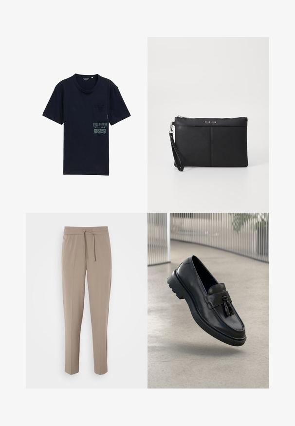 Marineblå bomulds t-shirt med rund hals, korte ærmer, venstre brystlomme og trykt logo og tekst foran i kontrastfarver.; Lys beige bukser med elastisk talje, justerbar snor og tapered ben. Stoffet ser glat ud med en let glans.; Sorte læderloafer med glat finish, dekorativ kvast, tyk gummisål og syede detaljer. Let og elegant design.; Sort syntetisk clutch med lynlåslukning, håndledsrem og en glat overflade. Har diskret syninger og et præg af logoet på fronten.