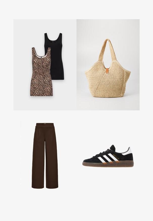 Dva topa: en leopardji vzorec z okroglim izrezom, in en črn brezrokavnik, oba iz mehkega bombažnega blaga, s brezrokavim slogom.; Rjave široke hlače iz gladkega blaga, z visokim pasom in dvema sprednjima plisoma, zasnovane za ohlapno prileganje.; Črne Adidas superge z belimi črtami, zlatim napisom "Spezial", gumo podplatom in belim petnim delom, prikazane v stranskem pogledu.; Velika slamnata torba z zrnato bež zunanjostjo in dvema širokima ročajema. Ima kožno poudarjeno naramnico za zapiranje.