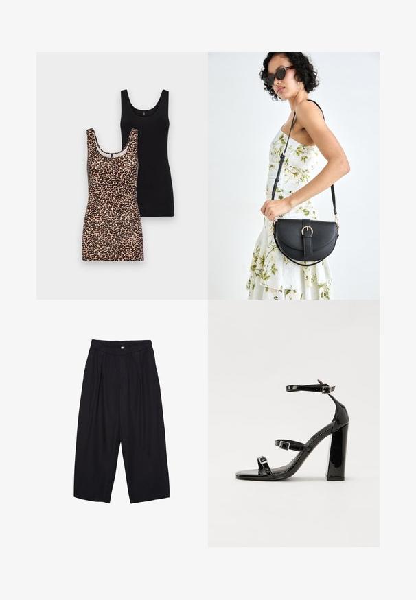 To bluser: en leopardmønstret med dyb udskæring og en ensfarvet sort, begge lavet af blødt bomuldsstof, med ærmeløst design.; Sorte polyester culotte bukser med elastisk talje, to forpiber og en løs silhuet. Ingen synlige mønstre eller hardware detaljer.; Sorte patenterede hælsandaler med firkantet tå, ankelremme og sølvspænder. Har en chunky blokHæl for stabilitet.; Sort læderhåndtaske med en buet form, aftagelig rem og guldfinish. Tasken har en klap med en spænde detalje.