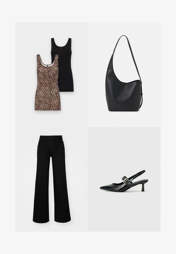 Dos camisetas sin mangas: una con estampado de leopardo y escote redondeado, y otra de color negro sólido, ambas hechas de suave algodón.; Pantalones de mezclilla de pierna ancha y color negro, con una cinturilla estructurada, pasadores para cinturón y bolsillos frontales. Textura suave con un diseño clásico.; Zapatos de tacón en charol negro con tira al tobillo, punta afilada y un pequeño tacón bloque, que cuentan con un acento de hebilla plateada en la correa.; Bolso tipo hobo de cuero negro con una textura suave, forma curvada y una sola correa ajustable; presenta una amplia apertura en la parte superior.