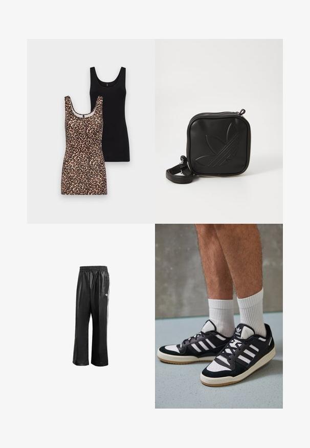 Dos camisetas sin mangas: una con estampado de leopardo y escote redondeado, y otra de color negro sólido, ambas hechas de suave algodón.; Pantalones de chándal sintéticos negros con cinturilla elástica, que presentan rayas laterales blancas y un pequeño logo blanco en la cadera izquierda.; Zapatillas en blanco y negro con parte superior de ante y cuero, que presentan tres franjas blancas, una puntera perforada y una suela de goma.; Bolso cruzado negro hecho de material sintético texturizado. Presenta un diseño de logo en relieve y correa ajustable. Cierre con cremallera.