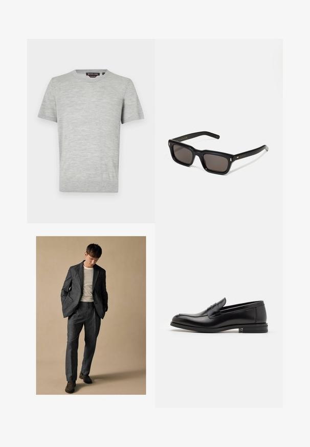 Vaaleanharmaa lyhythihainen t-paita pehmeässä, teksturoidussa kankaassa, jossa on pyöreä kaula-aukko ja vähäiset sauman yksityiskohdat. Brändilogo näkyvissä kaula-aukon sisäpuolella.; Harmaa muotopuku, jossa on kaarrettu läppä ja etutaskut, yhdistettynä raidalliseen kauluspaitaan. Housuissa on rento istuvuus ja taitetut yksityiskohdat. Ruskeat kengät.; Mustat nahkakengät, joissa on sileä pinta, pyöreä kärki ja koristeellinen nauha jalkapöydän yli. Matala pinoitu koroke, minimalistinen muotoilu.; Mustat suorakulmaiset aurinkolasit tummilla linsseillä, paksu muovikehys, kultaiset korostukset temppeleissä ja brändin logo kaiverrettuna varteen.