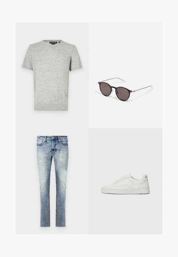 Világosszürke, rövid ujjú póló, puha, texturált anyagból készült, kerek nyakkivágással és minimális varrási részletekkel. A márkajelzés látható a nyakkivágás belső részén.; Világoskék farmernadrág, kopott hatással, slim fit kialakítással, öt zsebbel és eltérő színű varrással a varratoknál.; Fehér bőr sportcipő sima felülettel, kerek orral, lapos fűzőkkel és texturált talppal. Finom logó található a sarokon.; Fekete kerek napszemüveg sötét lencsékkel és karcsú fém szárakkal. Átlátszó szárvégeket és ezüst részleteket tartalmaz az ívnél. Minimalista dizájn.