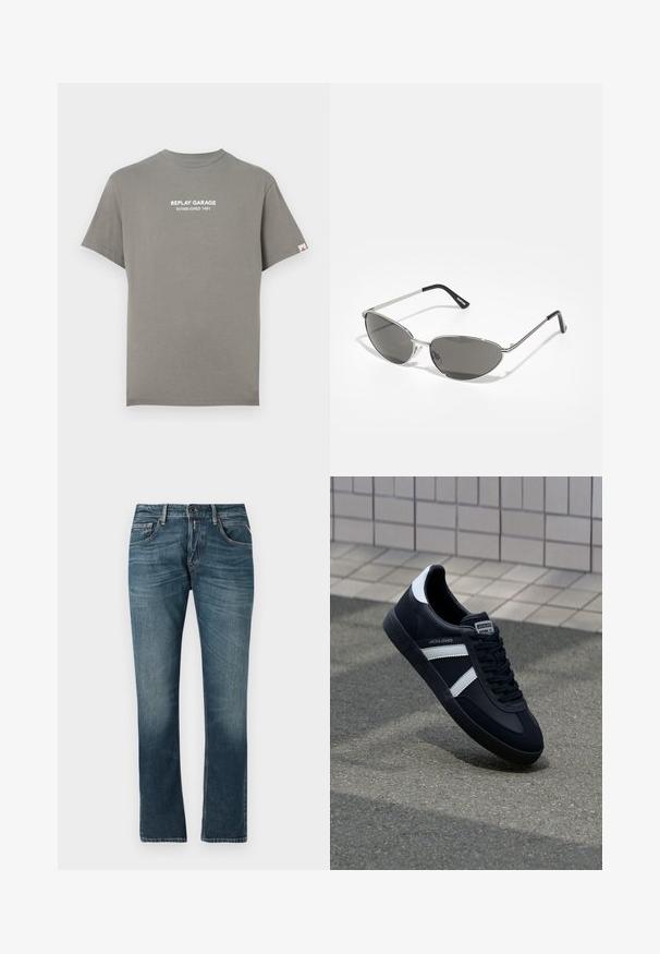 Camiseta gris de manga corta con cuello redondo. Presenta el texto impreso en blanco "REPLAY GARAGE ESTABLISHED 1981" en el frente. Corte estándar.; Jeans de mezclilla azul con un corte recto, lavado desgastado, diseño de cinco bolsillos y costuras en contraste. Cierre de botón y cremallera.; Zapatilla de cuero negra con rayas blancas, suela de goma texturizada y parte frontal con cordones. Cuenta con una etiqueta de marca en la lengüeta.; Gafas de sol con un elegante marco de metal plateado, lentes tintados de color gris y un diseño aerodinámico que presenta bordes puntiagudos y patas delgadas.