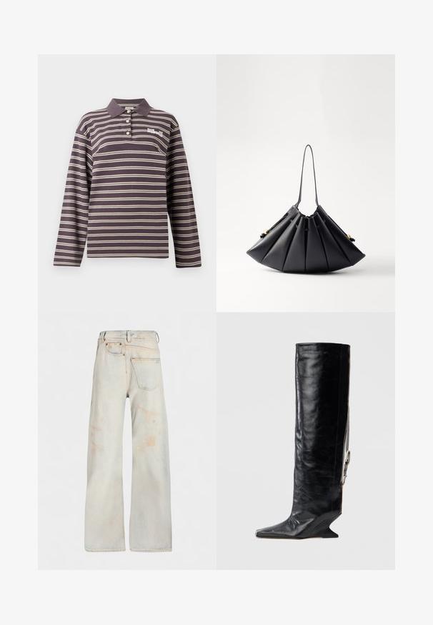 Tumman violetin pitkähihainen polo-paita, jossa on valkoisia vaakasuoria raitoja, napillinen kaulus ja brodattu logo rinnassa.; MM6 Maison Margiela PANTS POCKETS - Straight leg -farkut - light blue; Polven korkeuteen ulottuva musta nahkasaapas, jossa on terävä kärki, ainutlaatuinen kiilakorko ja sivulla ketjutäyte. Sileä pinta kiiltävällä viimeistelyllä.; Mustakohokuvioinen käsilaukku, joka on valmistettu sileästä nahasta, jossa on yksi kahva, kultaiset yksityiskohdat ja geometrisesti muotoiltu rakenne.