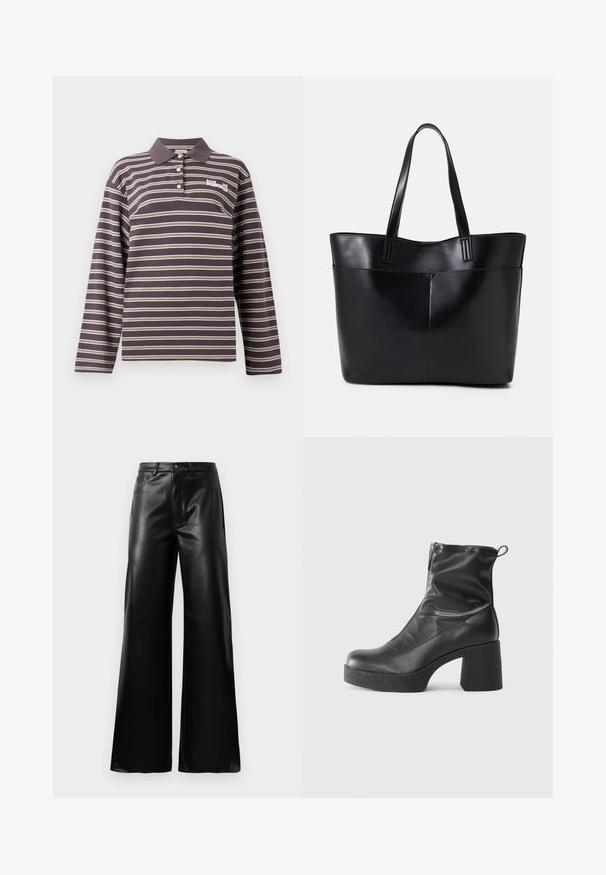 Tamsiai violetinė polo marškinėliai su ilgomis rankovėmis ir baltomis horizontaliomis juostelėmis, su mygtukais užsegamu apykakle ir siuvinėtu logotipu krūtinėje.; Juodos aukšto juosmens plačios kojų dirbtinės odos kelnės su priekiniais mygtukais, užtrauktuku, diržo kilpomis ir šoninėmis kišenėmis ant balto fono.; Juodos kulkšninių botai, pagaminti iš lygaus odos, su šoniniu užtrauktuku, masyviu tekstūruotu kulnu ir apvaliu pirštu.; Juoda odinė rankinė su dviem ilgais diržais, lygiu paviršiumi ir struktūrizuota forma. Yra priekinė kišenė papildomam saugojimui.