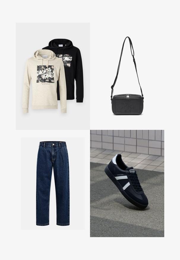 Dvoje mikin: jedna světle šedá s květinovým grafickým vzorem a textem, a jedna jednobarevná černá. Obě mají klokání kapsy a kapuce na šňůrku.; Tmavě modré džíny s rovnými nohavicemi. Mají viditelné švy, zapínání na knoflík a přední záhyby pro zvýraznění detailu.; Černé kožené tenisky s bílými pruhy, texturovanou gumovou podrážkou a šněrováním vpředu. Obsahují značenou etiketu na jazyku.; Černá kožená taška přes rameno s uzávěrem na zip, vyraženým logem na přední straně a nastavitelným popruhem. Hladký povrch s obdélníkovým tvarem.