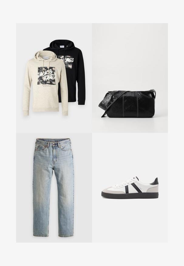 Two hoodies: one light grey with a floral graphic and text, and one solid black. Both feature kangaroo pockets and drawstring hoods.; Light blue denim jeans with high waist, front button, zipper, and five-pocket design, laid flat on a neutral background.; White sneaker with black and gray accents, featuring a textured gray toe cap, black rubber sole, and flat white laces. Clean design, minimalist style.; Black leather shoulder bag with a zip closure, featuring a textured body, white stitching, and a strap with silver grommets.