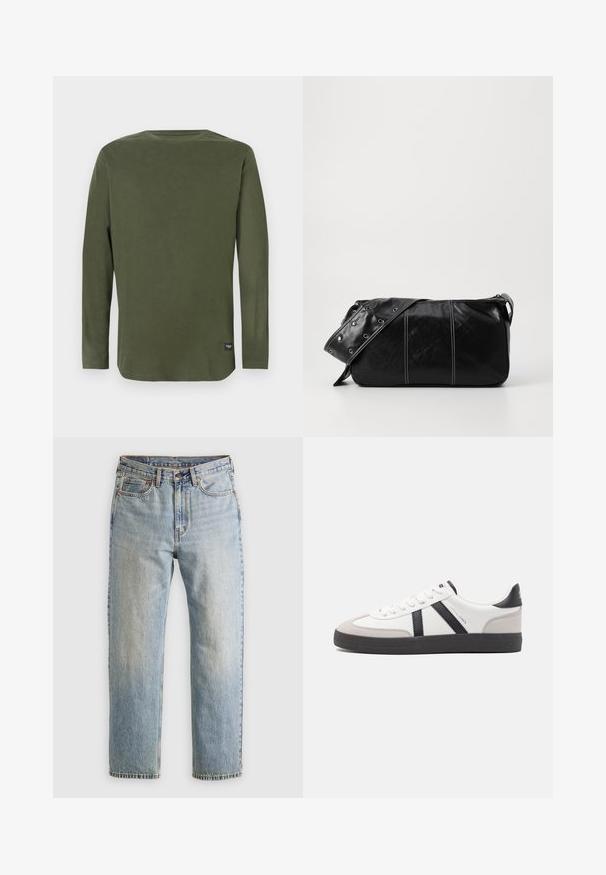 Maglietta a maniche lunghe, verde oliva, con colletto rotondo e un piccolo etichetta nera vicino all'orlo inferiore su uno sfondo bianco puro.; Jeans in denim azzurro chiaro con vita alta, bottone anteriore, cerniera e design a cinque tasche, adagiati su uno sfondo neutro.; Sneaker bianco con accenti neri e grigi, dotata di una punta grigia testurizzata, suola in gomma nera e lacci bianchi piatti. Design pulito, stile minimalista.; Borsa a spalla in pelle nera con chiusura a zip, caratterizzata da un corpo testurizzato, cuciture bianche e una tracolla con occhielli in argento.