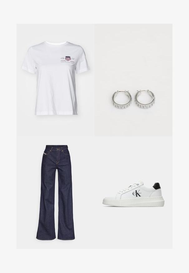 White cotton t-shirt with short sleeves, crew neck, and a red and blue embroidered logo on the left side. Smooth texture, relaxed fit.; Dark blue wide-leg jeans in denim fabric with a high waist, featuring orange stitching, five-pocket design, and a button closure.; White low-top sneaker with black heel tab, platform sole, laces, and Calvin Klein "CK" logo on the side.; Silver hoop earrings with a textured design featuring vertical ridges. Circular shape with a secure latch closure. Smooth finish.