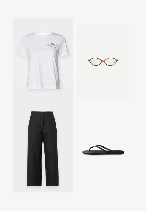 T-shirt en coton blanc à manches courtes, col rond, avec un logo brodé rouge et bleu sur le côté gauche. Texture lisse, coupe décontractée.; Pantalons larges noirs en tissu lisse. Comprend un bouton de fermeture, des poches avant et des lignes épurées. L'ourlet est légèrement évasé.; Tongs noires avec une semelle en caoutchouc texturée, deux fines lanières et un détail de logo embossé subtil sur la lanière.; Lunettes en écaille de tortue avec des verres ovales et une finition lisse et élégante. Présente des branches fines avec une courbure subtile au niveau des tempes. Verres transparents.