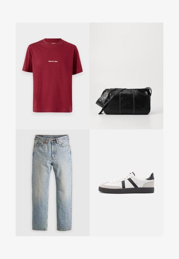 Tricou din bumbac de culoare burgundă, cu mâneci scurte și guler rotund. Prezintă un text brodat alb care spune "Originals Studio" pe partea din față.; Jeans din denim de culoare albastru deschis, cu talie înaltă, nasture frontal, fermoar și design cu cinci buzunare, așezate platesc pe un fundal neutru.; Sneaker alb cu accente negre și gri, având un capac de vârf gri texturat, talpă din cauciuc negru și șireturi plate albe. Design elegant, stil minimalist.; Geantă de umăr din piele neagră cu închidere cu fermoar, având un corp texturat, cusături albe și o curea cu ochiuri argintii.