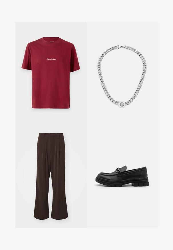Tricou din bumbac de culoare burgundă, cu mâneci scurte și guler rotund. Prezintă un text brodat alb care spune "Originals Studio" pe partea din față.; Pantaloni maro cu picioare largi, cu talie înaltă, având plisse în față și bucle pentru curea, confecționați dintr-un material neted și ușor.; Mocasini din piele neagră cu vârful rotund, o curea decorativă și accesorii metalice, și o talpă chunky texturată. Finisaj neted cu detalii subtile.; Colier din argint cu lănțișoare groase și un pandantiv circular central cu detalii intricate. Suprafață metalică netedă și reflexivă.