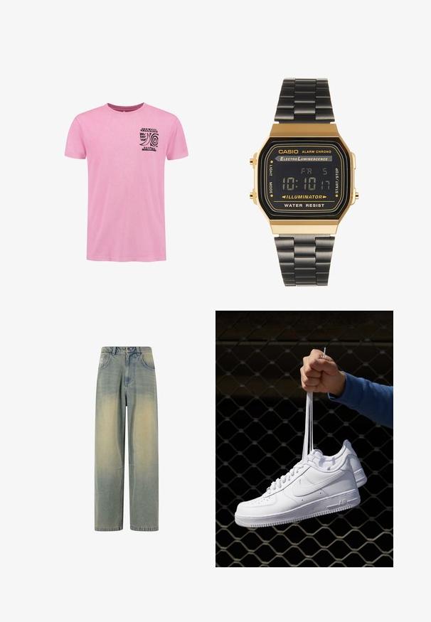 Rozā kokvilnas T-krekls ar īsām piedurknēm un apaļu kakla izgriezumu. Melns izdrukāts grafiskais dizains kreisajā krūšu pusē. Mīksta tekstūra.; Gai zilo denima platā kāju džinsi ar izbalējušu gradientu, pieci kabatas un klasiskā josta ar cilpiņām.; Baltas ādas sporta apavi ar perforācijām, apaļu purngali, plakanu zoli un biezām šņorēm, ar redzamu swoosh logo un vārdu "AIR" uz papēža.; Digitālais rokas pulkstenis ar zeltīta tonī taisnstūra korpusu, melnu LCD displeju un melnu metāla siksnu. Iespējas ietver modinātāju un ūdensizturību.