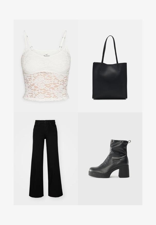 Hvit blonde top med justerbare stropper, blomsterblonde mønster og en tettsittende silhuett med solid fôr.; Svart vide bukser laget av denim, med en strukturert midjebånd, beltestropper og frontlommer. Glatt tekstur med et klassisk design.; Svarte ankelstøvler laget av glatt lær, med glidelås på siden, chunky strukturert hæl, og rund tå-design.; Svart lær tote bag med glatt tekstur, rektangulær form og to lange håndtak. Ingen synlige deler eller dekorasjoner.