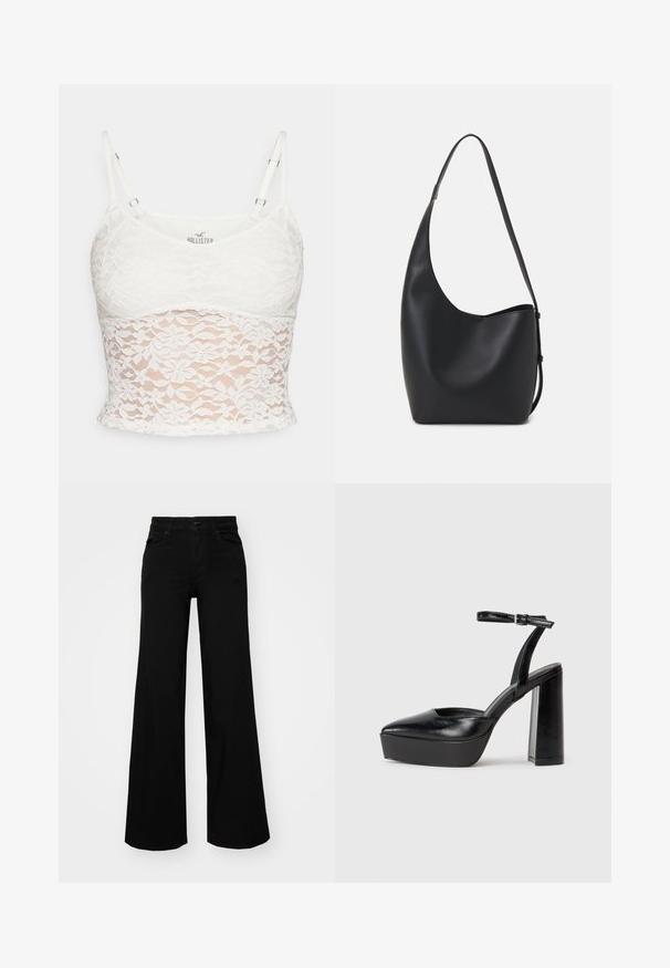 Valge pitsiline tank top, millel on reguleeritavad rihmad, lilleline pitsimuster ning sobiv siluett koos ühtlase voodriga.; Mustad mustad püksid, mis on valmistatud denimist, struktuurse vöökohtade, vöökootidega ja esikottidega. Sile tekstuur klassikalise disainiga.; Mustad platvormi kontsad terava ninaga ja reguleeritava pahkluuraamiga. Valmistatud siledast nahast, funktsioneerib massiivse plokknäheeliga.; Mustast nahast hobo kott, millel on sile tekstuur, kumer kuju ja üks reguleeritav rihm; peal on lai avaus.