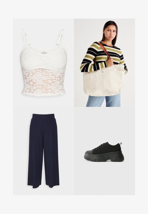 Bílý krajkový tílko s nastavitelnými ramínky, květinovým krajkovým vzorem a přiléhavým střihem s plným podšívkou.; Široké kalhoty z tmavě námořnické tkaniny s žebrovanou strukturou. Obsahují hladký pas a splývavý siluetu, dosahující délky po polovinu lýtek.; Černé tenisky s robustní gumovou podrážkou, vrchní část z texturované tkaniny, kulatá špička a šněrovací design. Obsahují zesílené okraje pro tkaničky a poutko na zadní straně.; Velká béžová plátěná taška s hnědými koženými rukojeťmi, s minimalistickým designem a viditelnými švy.