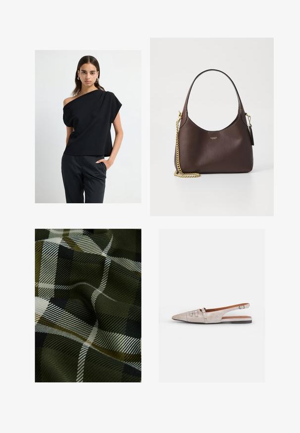 Mujer vestida con una blusa negra de un solo hombro y pantalones negros a medida, de pie con una mano en el bolsillo frente a un fondo blanco liso.; Tejido de cuadro tejido que presenta colores verde oscuro, negro y blanco. La textura es suave con un acabado estampado.; Zapato slingback color beige claro con punta afilada, de textura suave de ante, que presenta dos hebillas decorativas y un tacón bajo y plano.; COACH BROOKLYN SHOULDER BAG 23 - Bolso de mano - maple