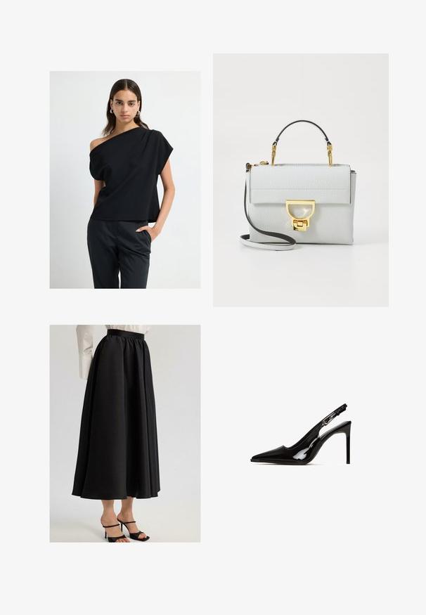 Žena v černém topu s jedním ramenem a černých elegantních kalhotách, stojící s jednou rukou v kapse na jednobarevném bílém pozadí.; Černá maxi sukně vyrobená z hladkého materiálu, s nařaseným pasem a splývavým střihem, v kombinaci s černými sandály na podpatku.; Černé lakované kožené lodičky na podpatku s špičatou špičkou a jehlovým podpatkem. Obsahuje výřezový design a nastavitelné zapínání s kovovými prvky.; Světlé šedé strukturované kabelka vyrobené z koženky s texturou. Obsahuje zlatý uzávěr, odnímatelný ramenní popruh a krátké vrchní ucho.; Čtvercové kovové hodinky se stříbrným a zlatým článkovým náramkem. Bílý ciferník s vykreslenými zlatými indexy a ručičkami. Branding na pozici 12 hodin.