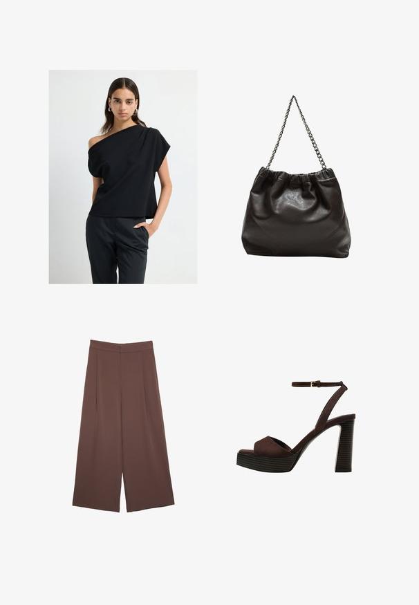 Frau in schwarzem schulterfreien Oberteil und schwarzen, maßgeschneiderten Hosen, die mit einer Hand in der Tasche vor einem schlichten weißen Hintergrund steht.; Braune Weite-Leg-Hosen mit einer glatten Textur, hoher Taille und Vorderfalten. Der Stoff ist leicht und fällt locker.; Braune Wildleder-Pumps mit offenem Zeh, verstellbarem Knöchelriemen und gestreiftem Plateausohlen.; Braune Lederhandtasche mit gerafftem Oberteil und Kettenriemen. Glatte Textur mit glänzendem Finish und subtilen Nahtdetails an den Seiten.