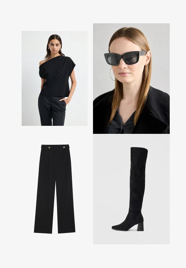 Nainen, jolla on päällään musta olkaimeton toppi ja mustat räätälöidyt housut, seisoo yksi käsi taskussa tasaisella valkoisella taustalla.; Mustat leveälahkeiset housut, joissa on korkea vyötärö, napit vyötärönauhassa ja etupuolella laskokset.; Musta samettinen polvipitkä saapas, jossa on lohkarekorko, terävä nilkka ja sileä, saumatonta muotoilua tasaisella vaalealla taustalla.; Mustan kissakuvioisen aurinkolasit tummilla linsseillä, paksuilla kehyksillä ja hillityillä yksityiskohdilla. Yhdistetty mustaan takkiin ja harmaaseen paitoihin, joissa on pitkät suorat hiukset.; Musta nahkainen käsilaukku, jossa on kaareva muoto, teksturoitu pinta, etusaumat ja kultainen logo. Siinä on yksi säädettävä olkahihna.