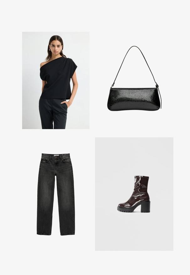 Žena v černém topu s jedním ramenem a černých elegantních kalhotách, stojící s jednou rukou v kapse na jednobarevném bílém pozadí.; Černé džíny z denimu se uvolněným střihem, rovnými nohavicemi, pětikaškovým designem a lehce vybledlým vzhledem. Zapínání na knoflík a zip v přední části.; Lesklá bordó kotníková bota s masivním černým podpatkem, se hladkým povrchem a jednoduchým designem. Žádné viditelné zapínání ani vzory.; PULL&BEAR Kabelka - black