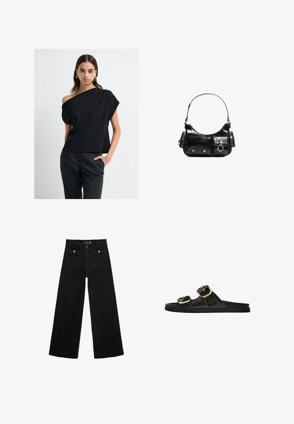 Kvinde iført sort top med én skulder og sorte skræddersyede bukser, stående med den ene hånd i lommen mod en helt hvid baggrund.;  Sorte vidde jeans med høj talje, der har to forlommer og metalknapdetaljer. Stoffet har en glat tekstur.; Sort skridsandal med to guldspænder, glat tekstureret materiale, flad sål og et minimalistisk design.; Sort patenteret læder håndtaske med en buet form, en skulderrem, frontlommer og hardware accenter i sølvfarve.